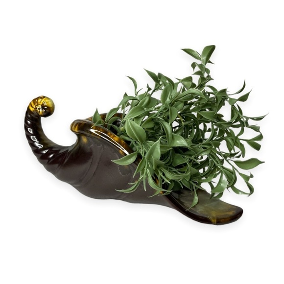 Vintage Brown Ceramic Cornucopia Horn of Plenty Drip Glaze Planter Thanksgiving - Picture 2 of 8